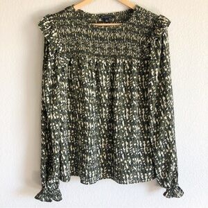 Zac & Rachel Smocked Dress Blouse Green Print Ruffle